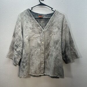 Oh My Gauze Top Sz 2 L/XL Cotton Lagenlook Tie Dye Coastal Beach V Neck Button